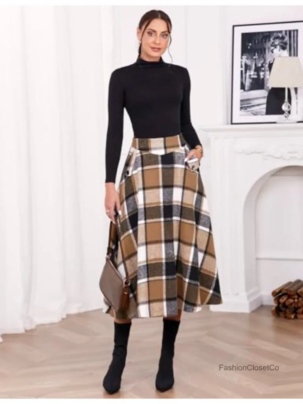 High Waisted Plaid A-Line Maxi Skirt Wool Blend Pleated
